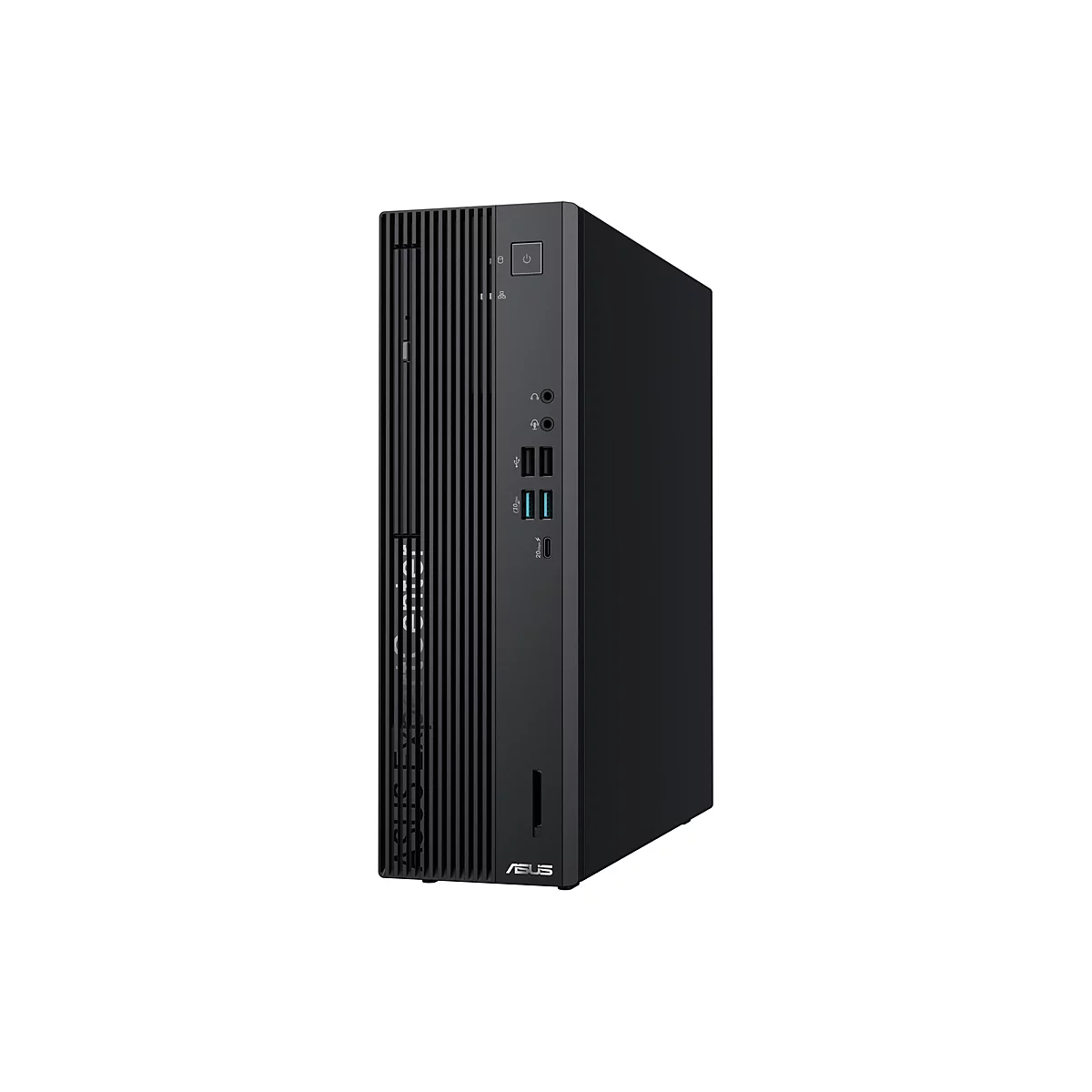 Schwarzer Asus ExpertCenter PC-Tower im SFF-Format mit vertikalen Lamellen und Frontanschlüssen vor weißem Hintergrund.