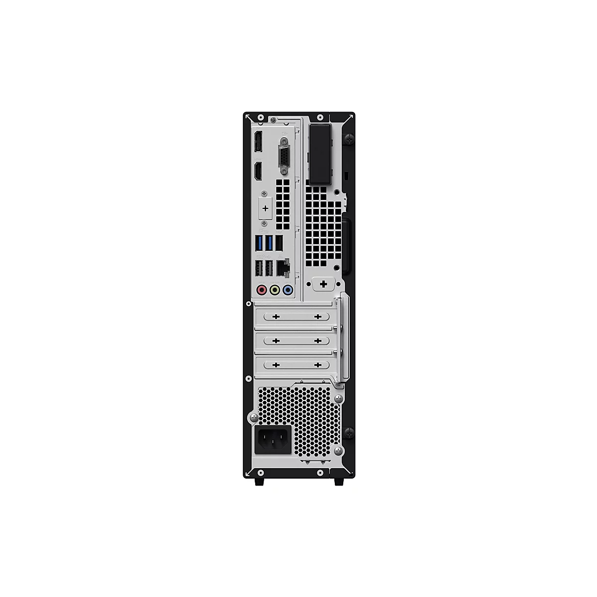 Rückseite eines Desktop-PCs mit diversen Anschlüssen wie HDMI, USB und Audio sowie einem Lüftergitter.