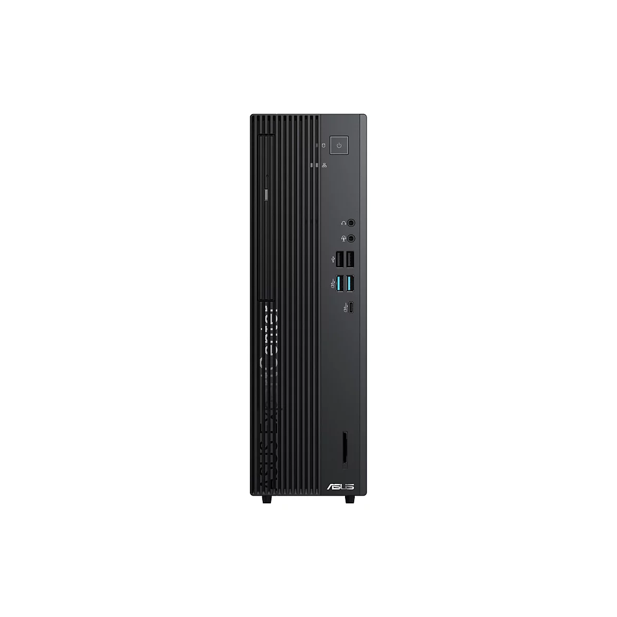 Schwarzer Asus ExpertCenter PC-Tower in Frontansicht mit vertikalen Lamellen und verschiedenen Anschlüssen.