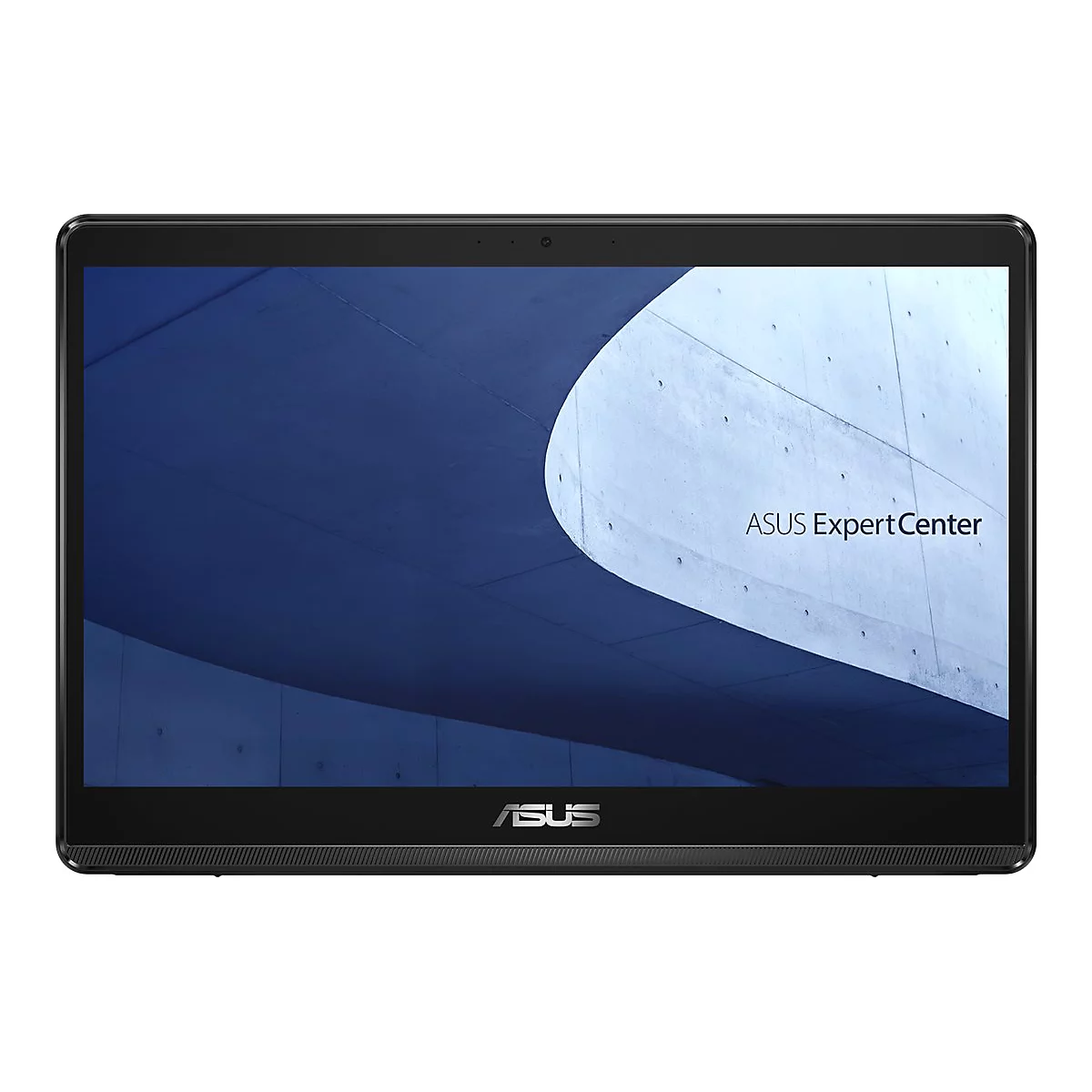 Schwarzes Tablet mit ASUS-Logo. Auf dem Bildschirm ist ein blau-weißes Muster mit der Aufschrift ASUS ExpertCenter zu sehen.