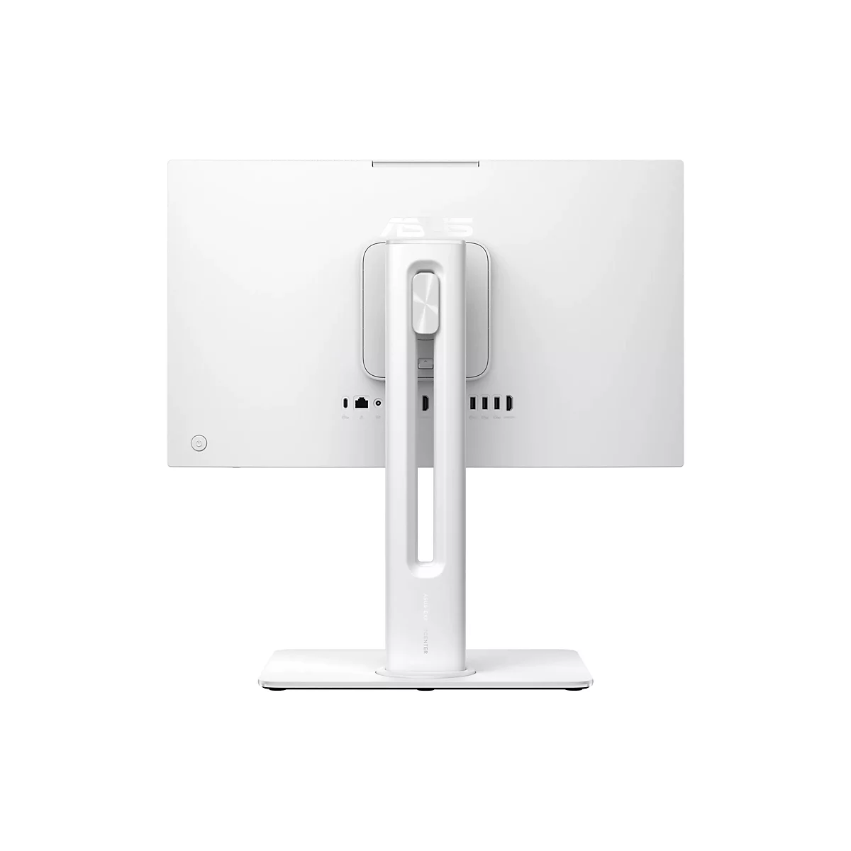 Rückansicht eines weißen ASUS All-in-One-Computers mit Standfuß und verschiedenen Anschlüssen auf weißem Grund.