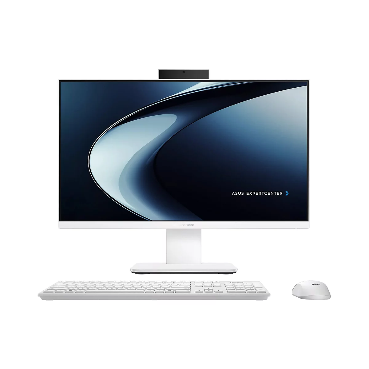 Weißer Asus ExpertCenter All-in-One PC mit Tastatur und Maus vor neutralem Hintergrund.