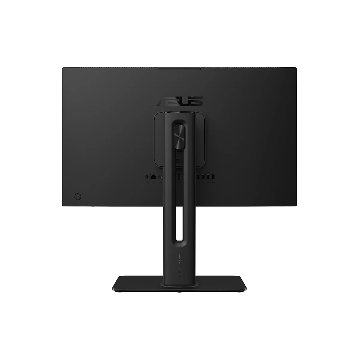 Rückseite eines schwarzen ASUS Monitors mit Standfuß und sichtbaren Anschlüssen.