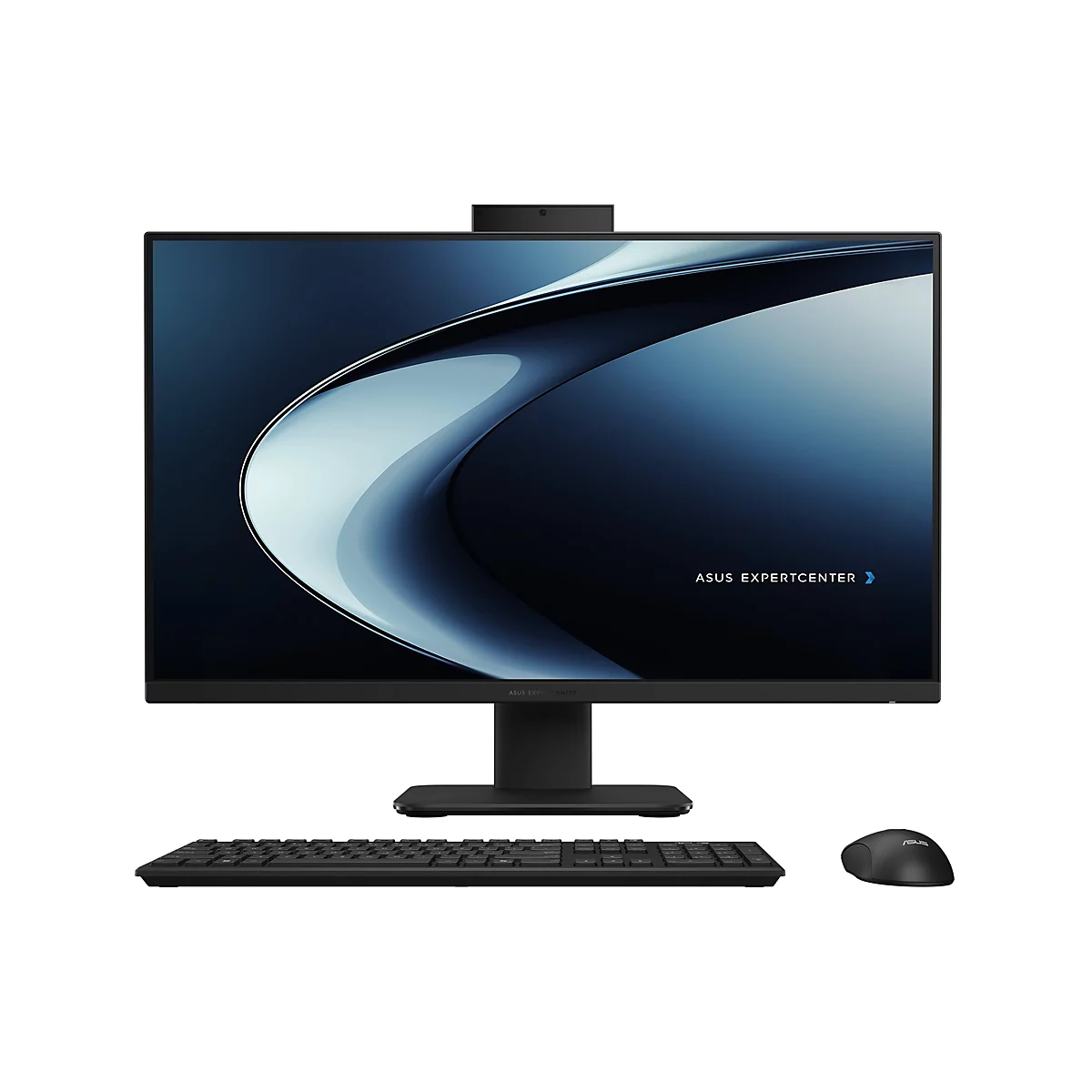 Schwarzer ASUS ExpertCenter All-in-One PC mit Tastatur und Maus vor weißem Hintergrund.