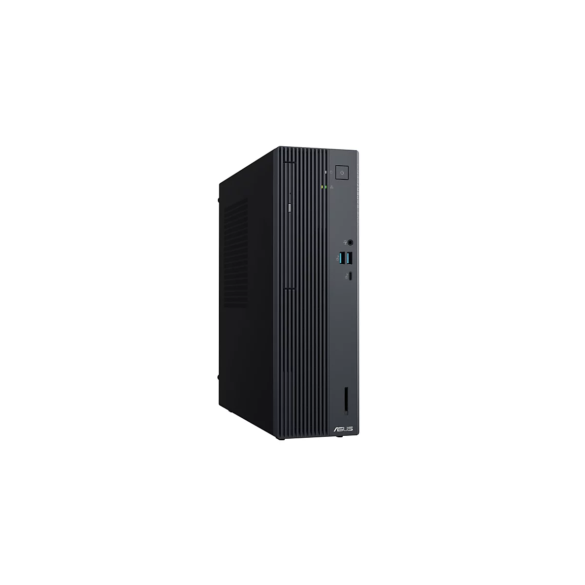 Schwarzer Asus ExpertCenter Desktop-PC im Tower-Format auf weißem Hintergrund.