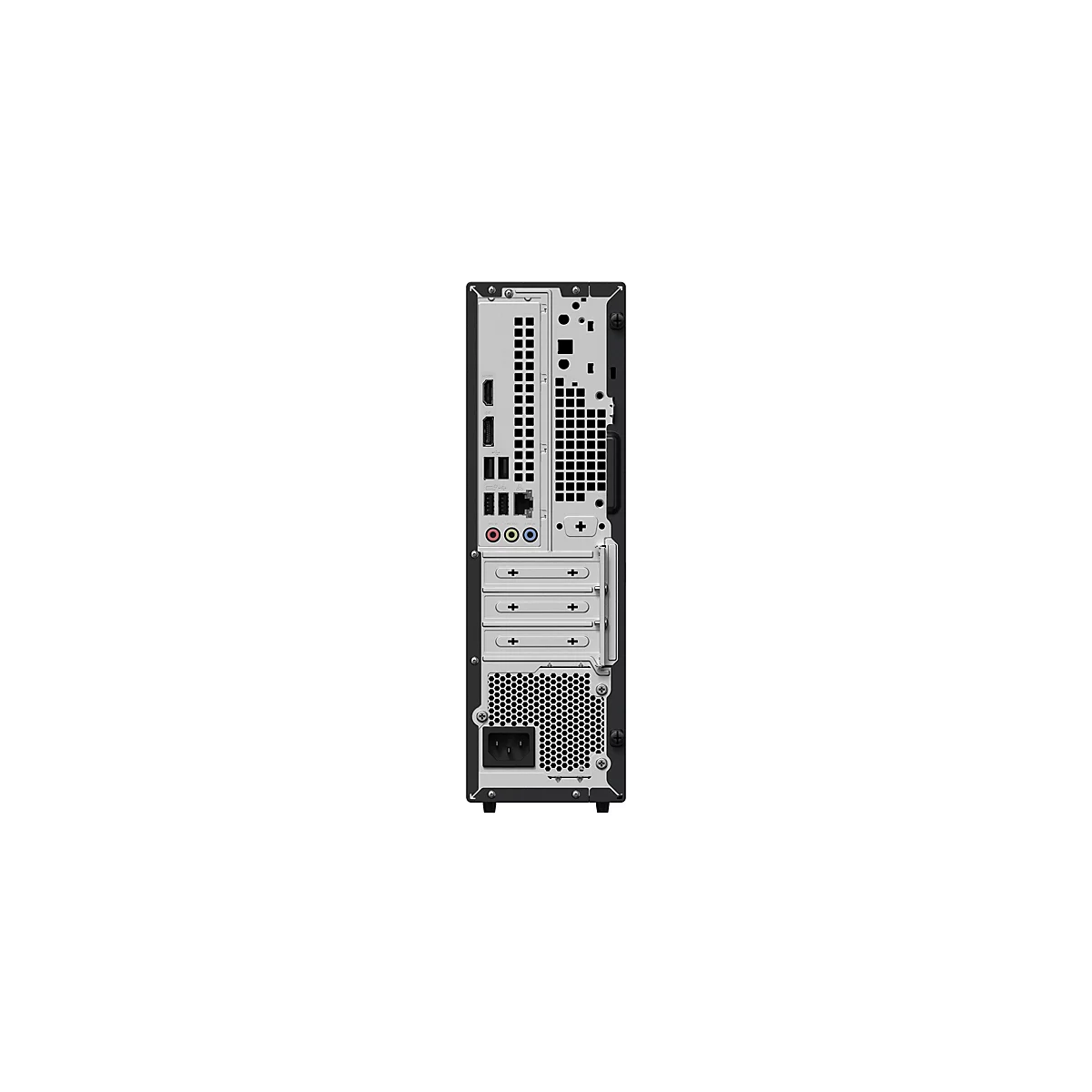 Rückseite eines schmalen schwarzen Tower-PCs mit zahlreichen Anschlüssen, Lüftungsgittern und Stromanschluss.