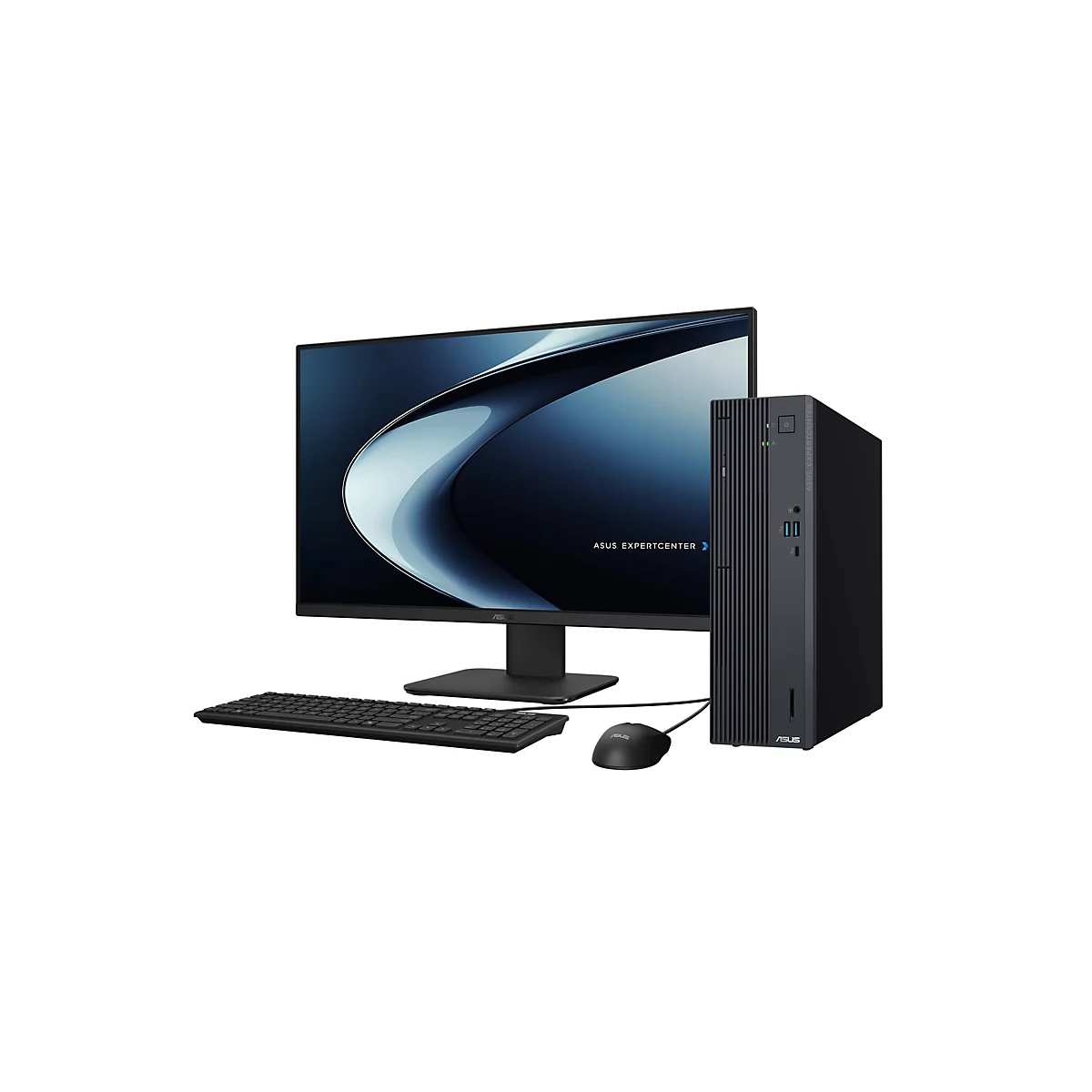 Schwarzes Asus ExpertCenter Desktop-Set mit Monitor, Tower, Tastatur und Maus auf weißem Hintergrund.