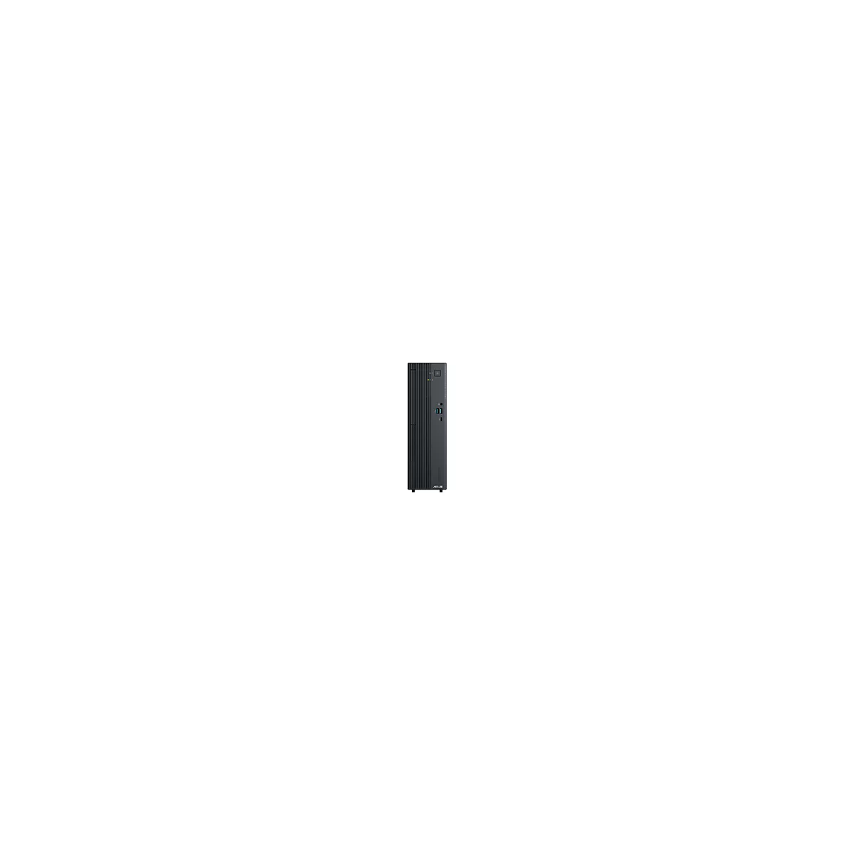 Ein dunkelgrauer Desktop-PC im Tower-Format mit ASUS-Logo. Auf der Vorderseite sind USB-Anschlüsse und ein Einschaltknopf zu sehen.