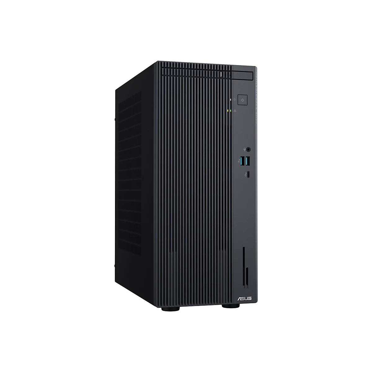 Schwarzer PC-Tower mit geriffelter Front. Oben befinden sich Anschlüsse und ein Einschaltknopf mit LED-Anzeigen. Das ASUS-Logo ist unten rechts zu sehen.