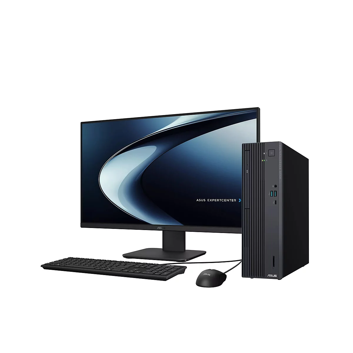 Schwarzer Asus ExpertCenter Desktop-PC mit Monitor, Tastatur und Maus auf weißem Hintergrund.