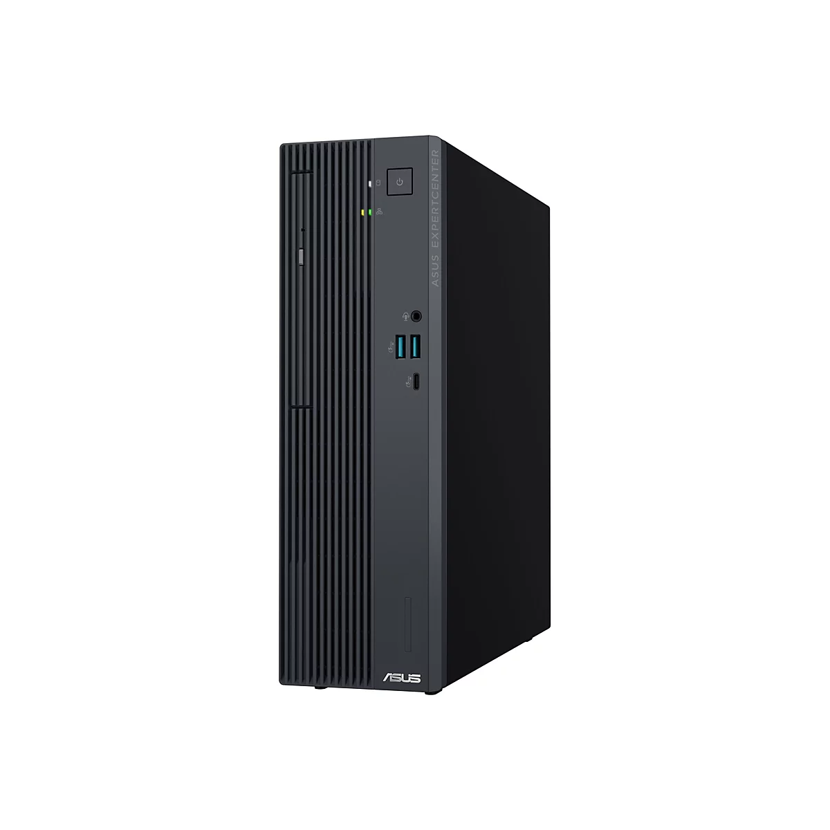 Schwarzer Asus ExpertCenter Desktop-PC in kompakter Tower-Bauweise vor weißem Hintergrund.