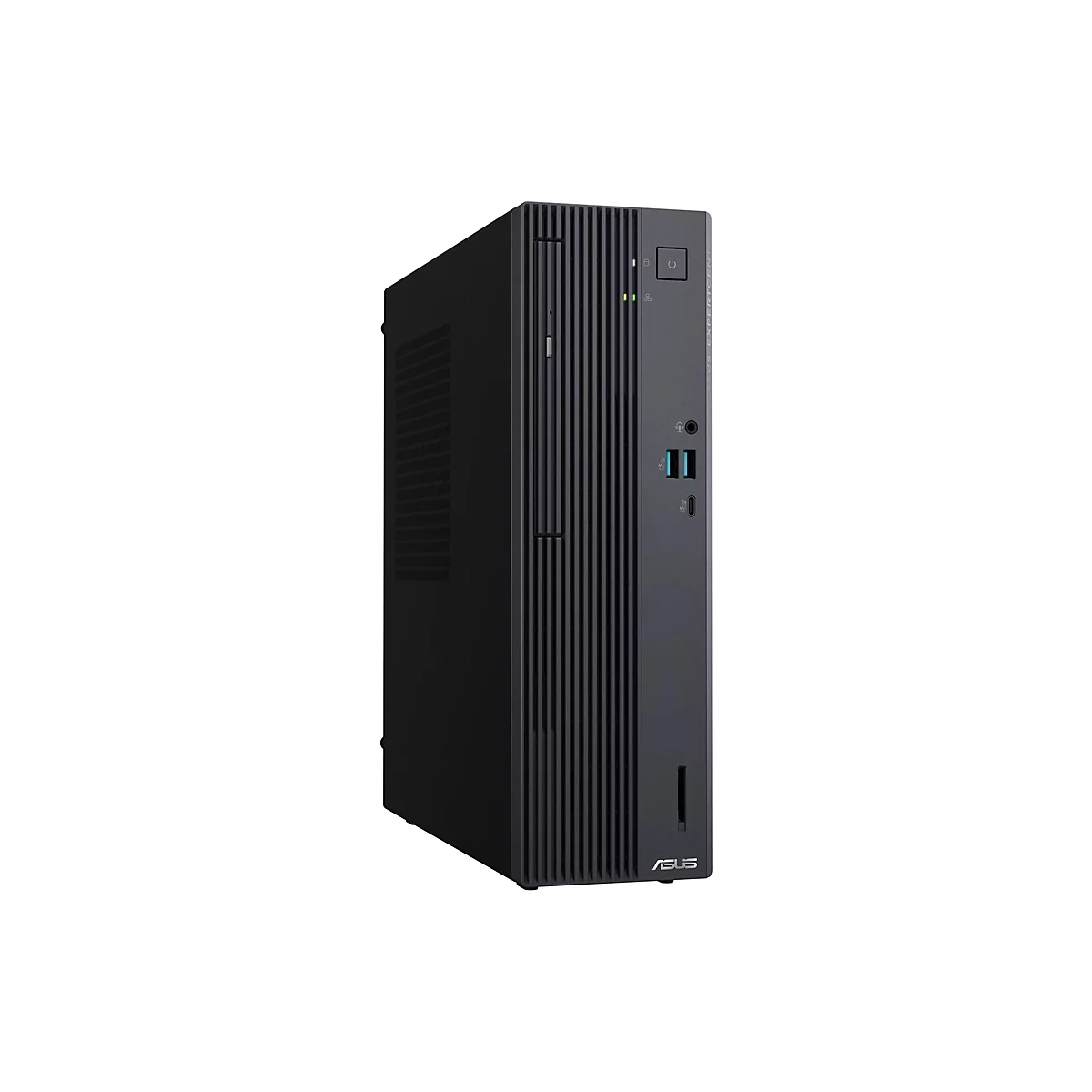 Schwarzer Asus ExpertCenter Business-PC im kompakten Tower-Gehäuse auf weißem Hintergrund.