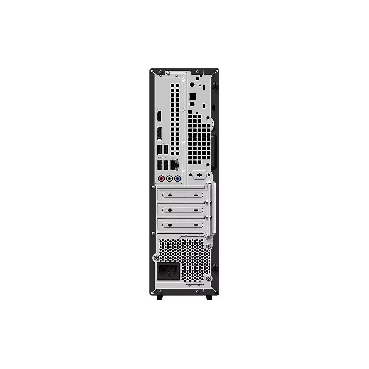 Rückseite eines schmalen Desktop-PCs mit diversen Anschlussmöglichkeiten wie HDMI, USB und Audio-Buchsen.