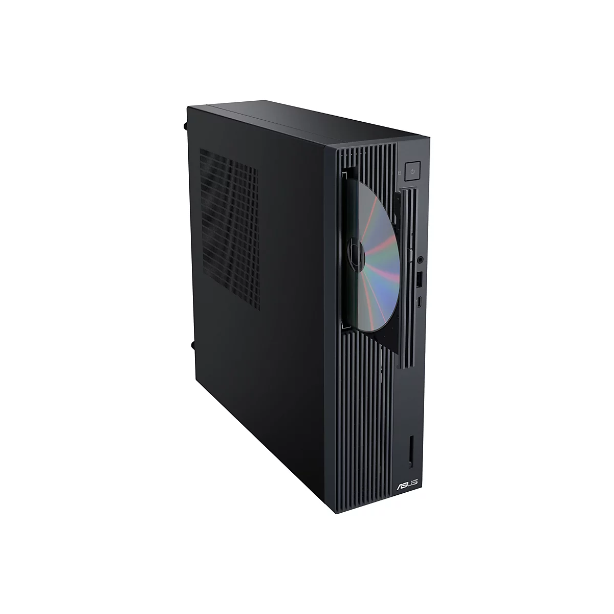 Schwarzer Asus Desktop-PC mit vertikalem optischem Laufwerk und eingelegter Disc vor weißem Hintergrund.