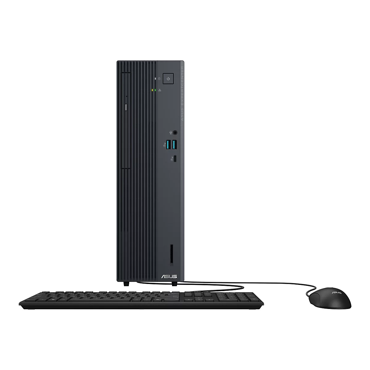 Schwarzer Asus ExpertCenter Desktop-PC mit angeschlossener Tastatur und Maus vor weißem Hintergrund.