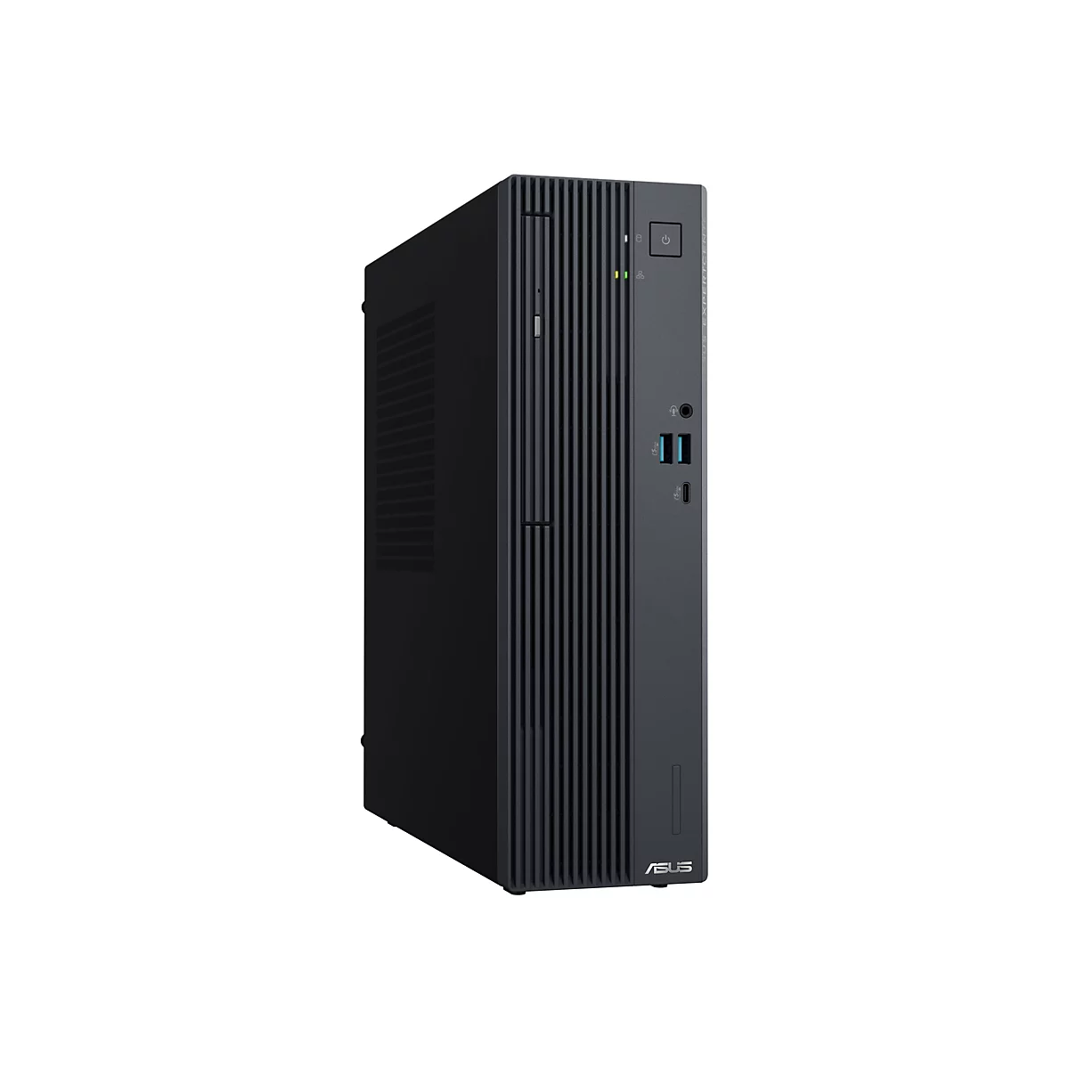Schwarzer Asus ExpertCenter Desktop-PC vor weißem Hintergrund mit vertikaler Front-Rippenstruktur.