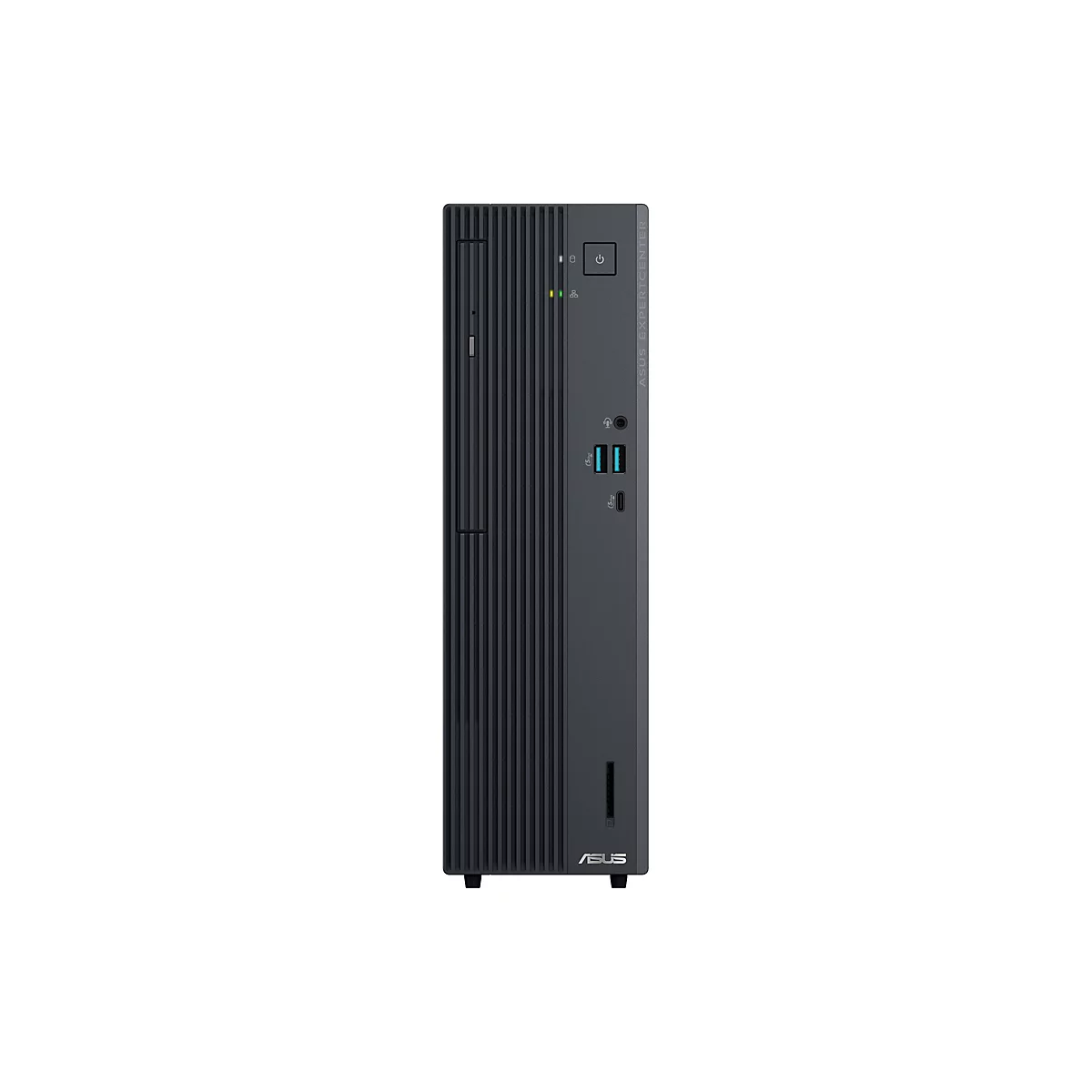 Schlanker schwarzer ASUS ExpertCenter Desktop-PC in vertikaler Frontalansicht mit Anschlüssen und Power-Button.