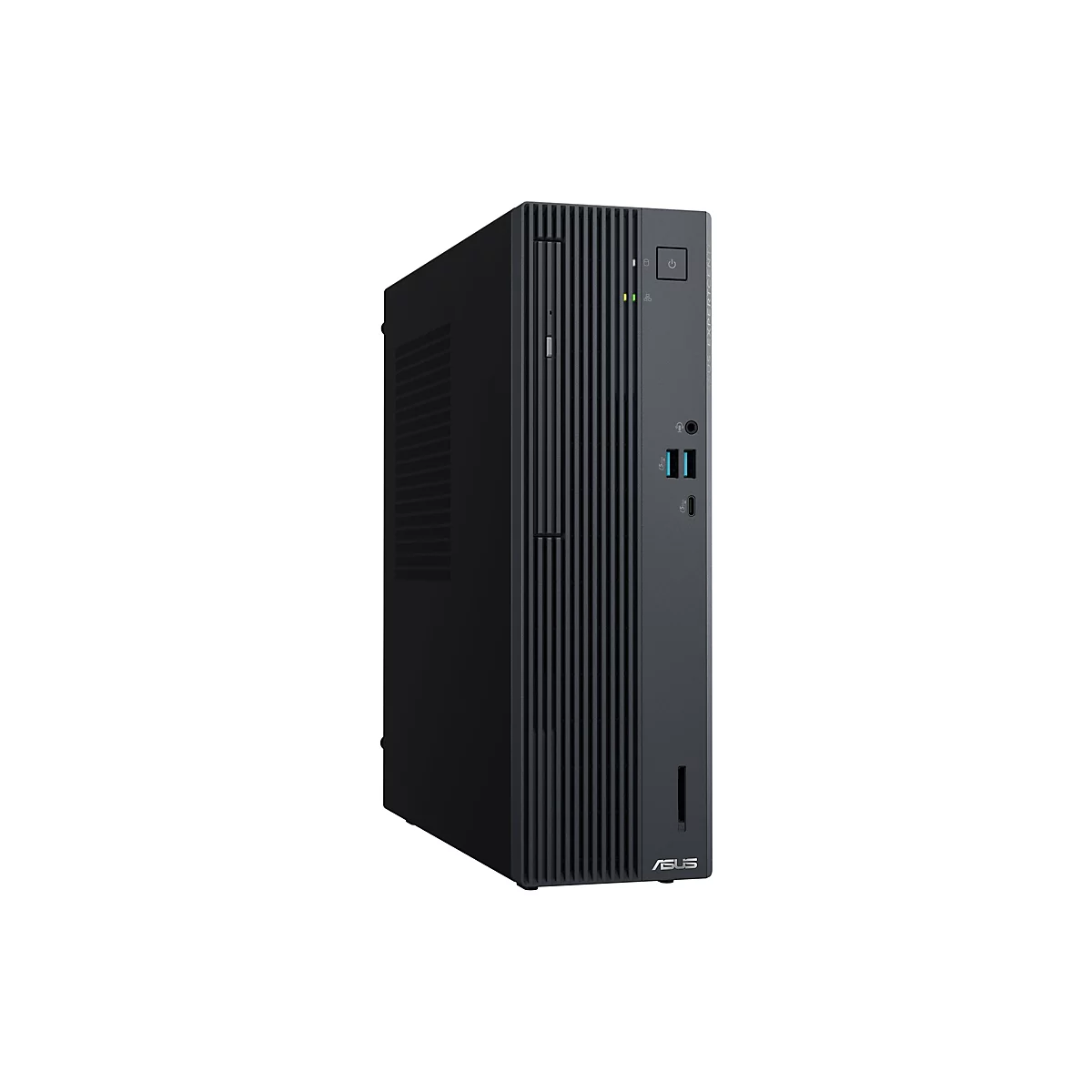 Schwarzer ASUS ExpertCenter Desktop-PC im Tower-Format vor weißem Hintergrund.