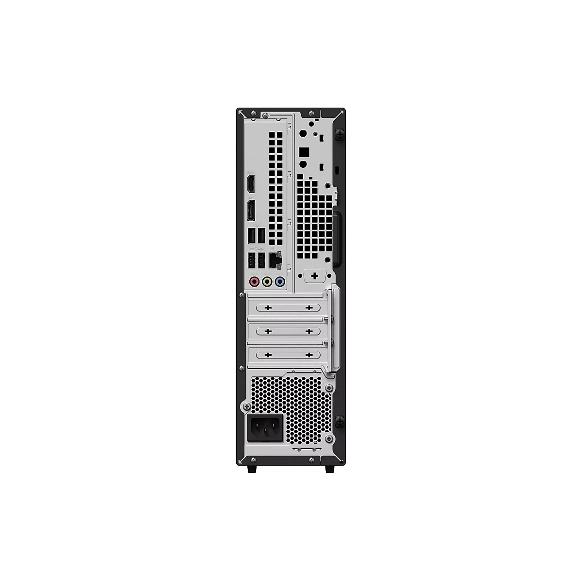Rückseite eines Desktop-PCs mit diversen Anschlussmöglichkeiten wie HDMI, USB und Audiobuchsen vor weißem Hintergrund.