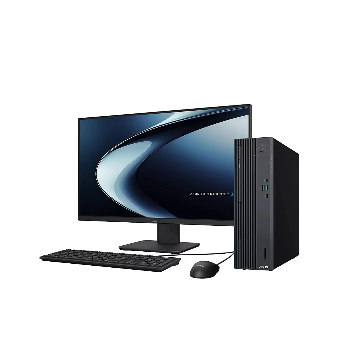 Asus ExpertCenter Desktop-PC mit Monitor, Tastatur und Maus auf weißem Hintergrund.