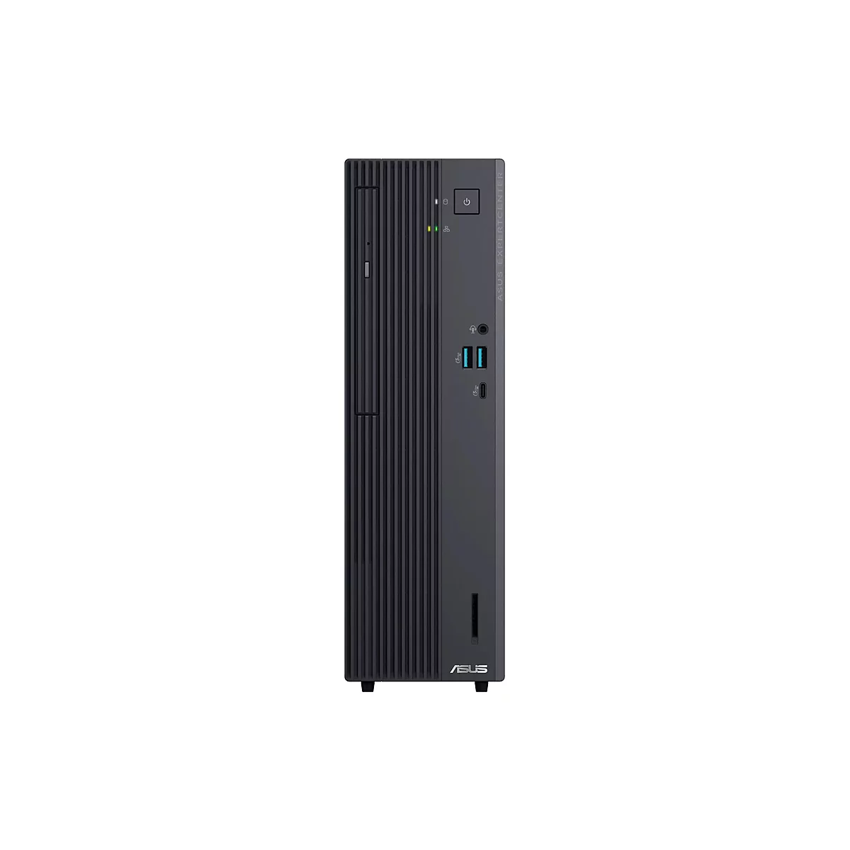 Schwarzer ASUS ExpertCenter Desktop-PC mit vertikalen Lamellen, Power-Knopf und verschiedenen Anschlüssen vorne.