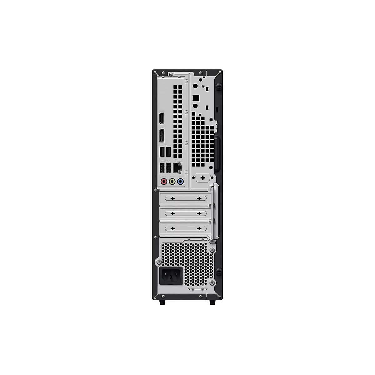 Die Rückseite eines schmalen Desktop-PCs mit diversen Anschlüssen, Lüftungsgittern und einem Netzkabelanschluss.