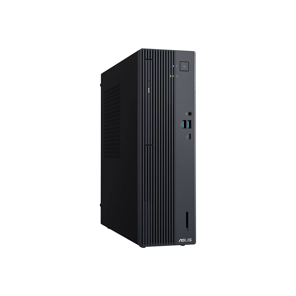 Schwarzer Tower-PC, Frontansicht, mit ASUS-Logo. Auf der Vorderseite befinden sich USB-Anschlüsse, Audio-Anschlüsse und ein Einschaltknopf.