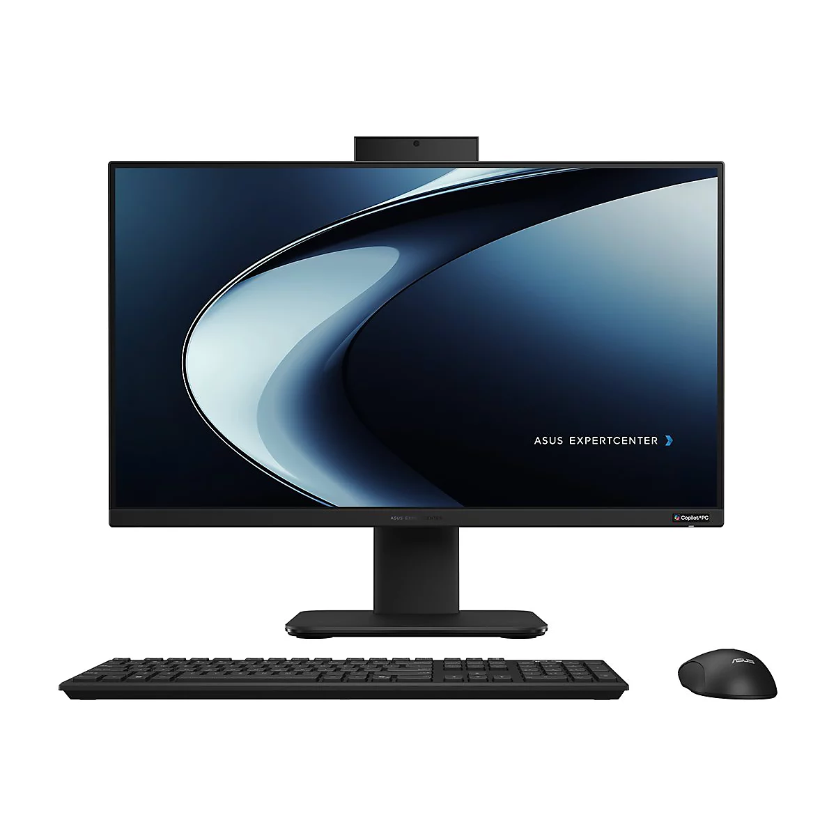 Ein schwarzer All-in-One-PC mit Tastatur und Maus. Auf dem Bildschirm steht ASUS Expertcenter.