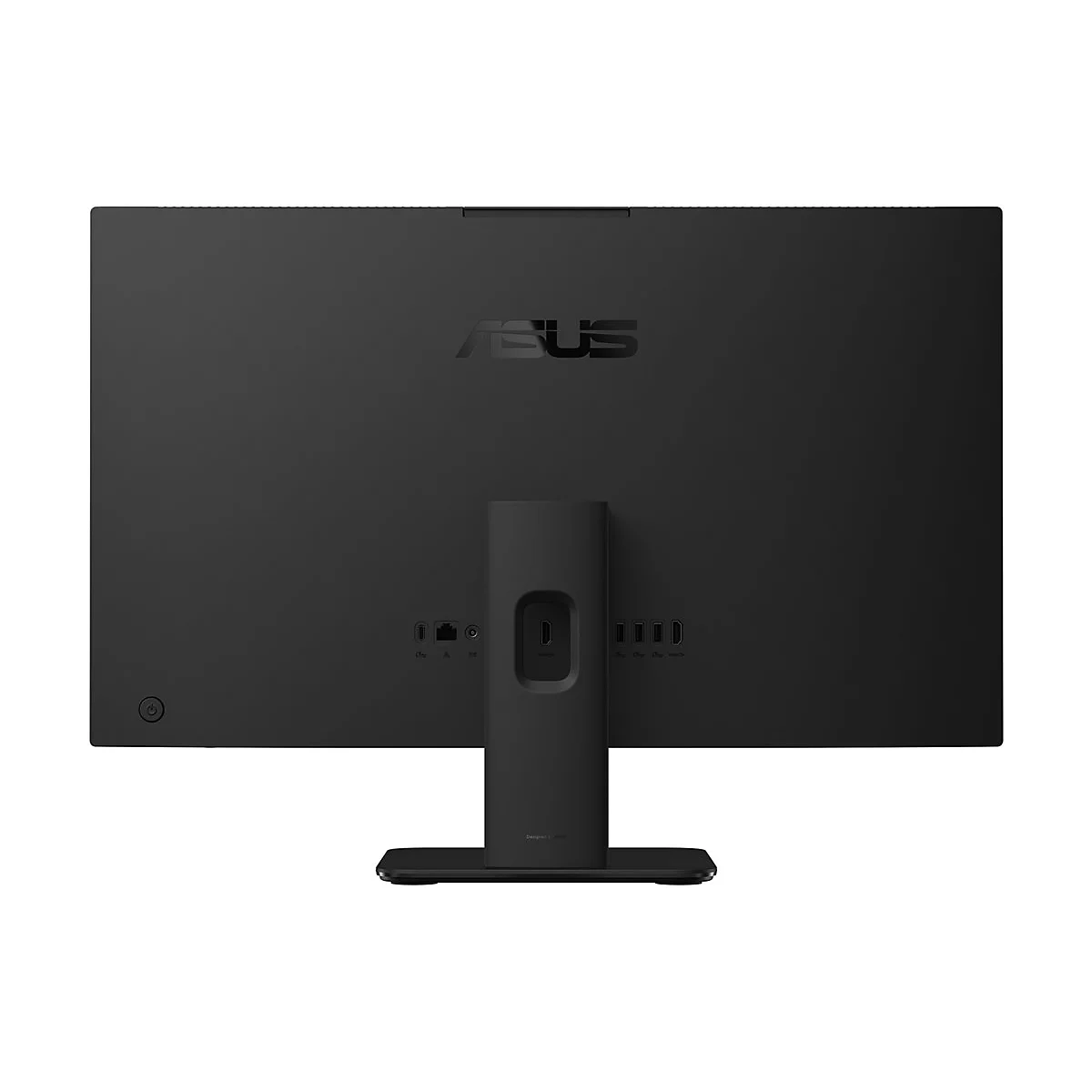 Rückseite eines schwarzen ASUS Monitors mit verschiedenen Anschlüssen, Standfuß und zentralem Logo.