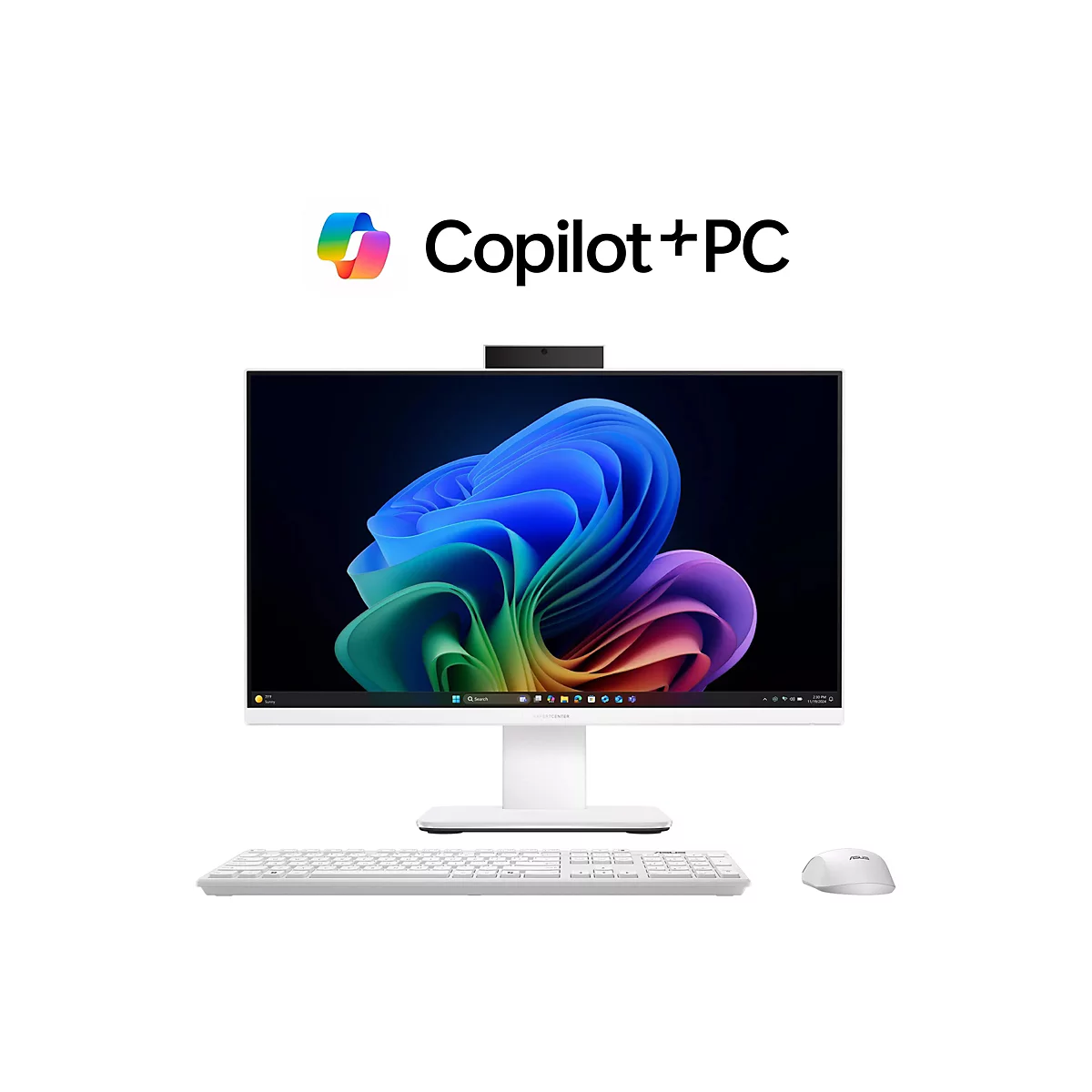 Weißer Asus ExpertCenter All-in-One PC mit Tastatur und Maus unter einem Copilot+ PC Logo.