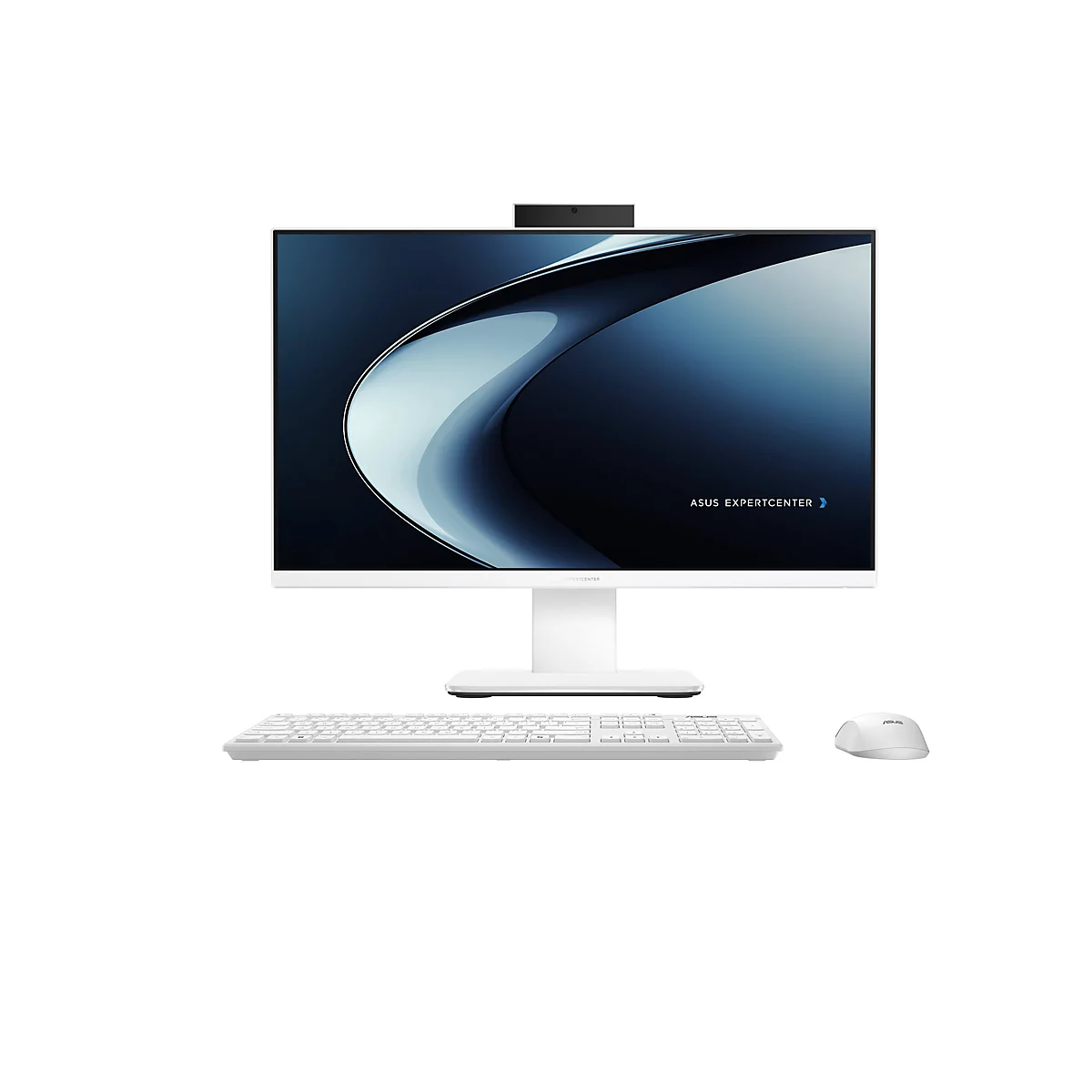 Weißer Asus ExpertCenter All-in-One PC mit Tastatur und Maus vor weißem Hintergrund.