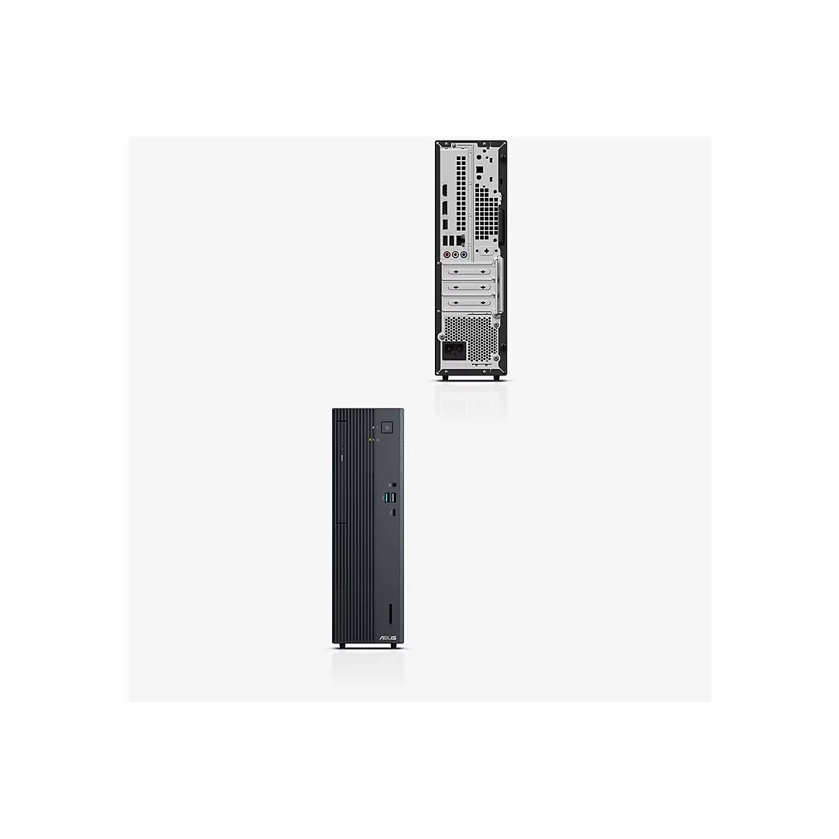 Vorder- und Rückansicht eines schwarzen ASUS Desktop-PCs vor hellem Hintergrund.