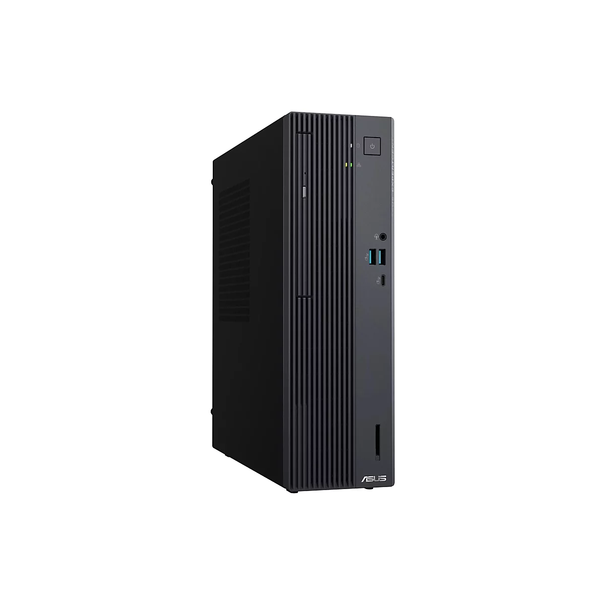 Schwarzer ASUS ExpertCenter Desktop-PC in kompakter Tower-Bauweise auf weißem Hintergrund.