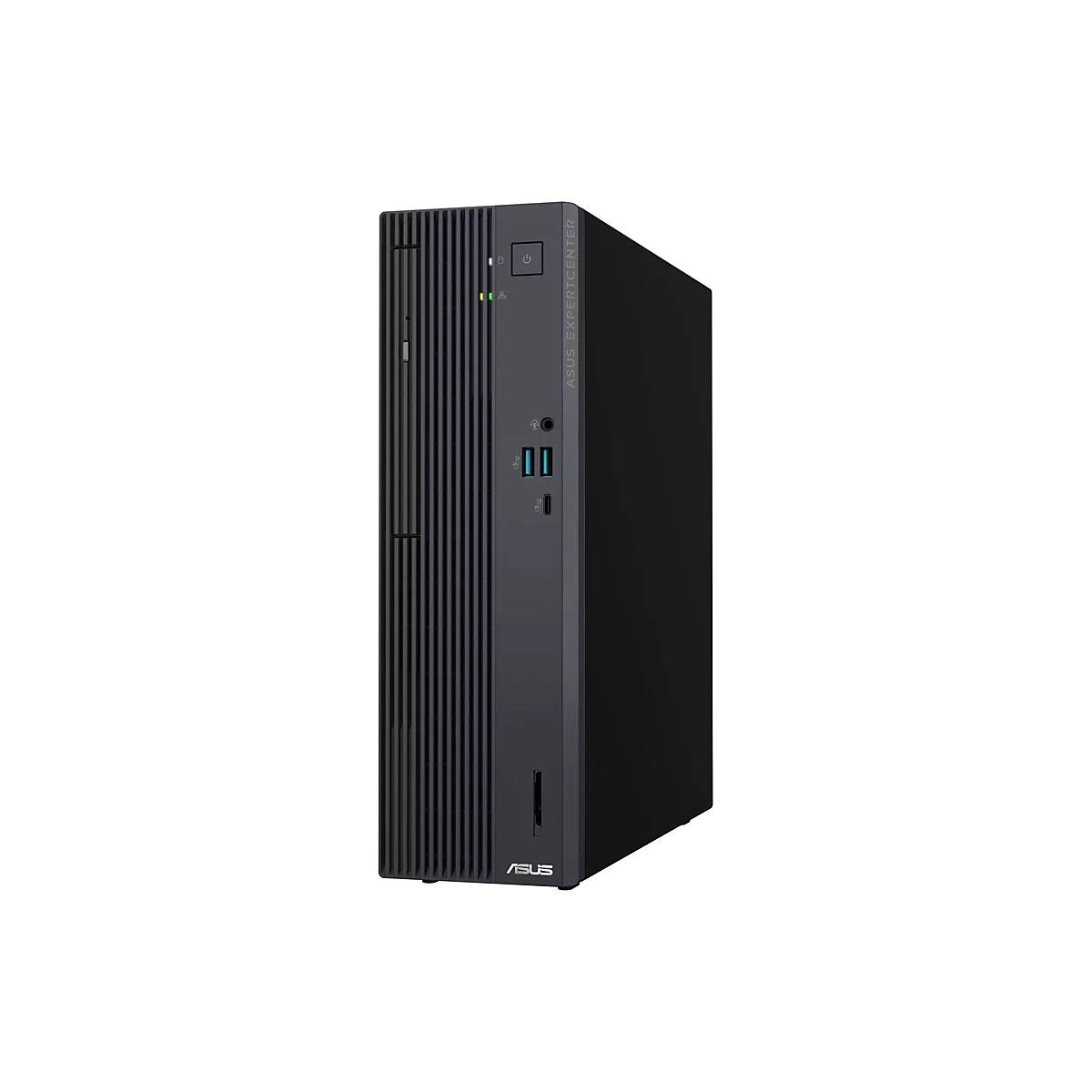 Schwarzer Asus ExpertCenter Business-PC im Turm-Format mit geriffelter Front und diversen Anschlüssen.