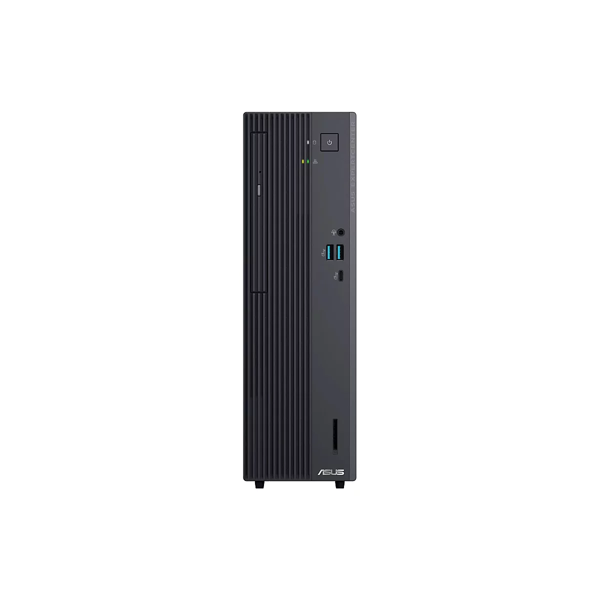 Schwarzer Asus ExpertCenter PC Tower in Vorderansicht vor weißem Hintergrund.