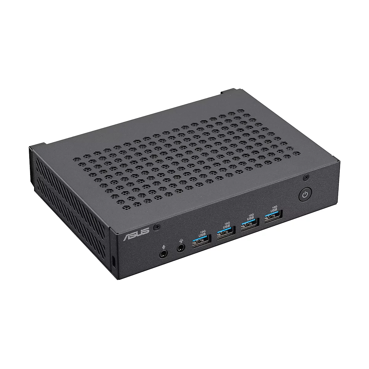 Ein schwarzer Mini-PC mit den Logos von Asus und USB-Anschlüssen.