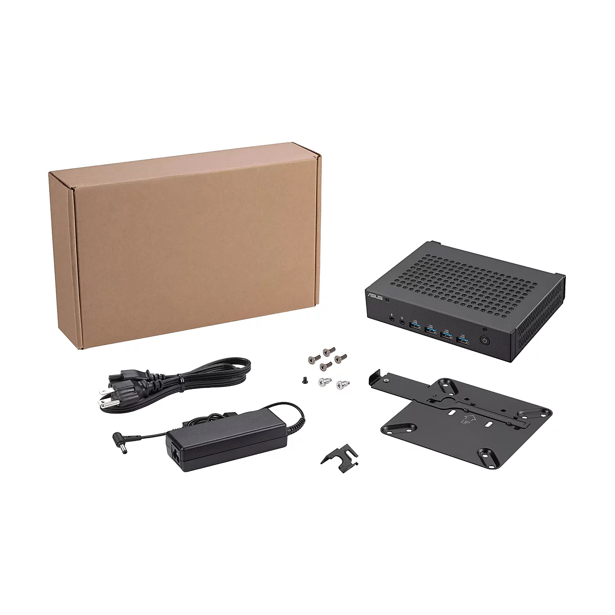 Schwarzer Mini-PC mit Zubehör: Netzteil, Schrauben, Halterung und Karton. Auf weißem Hintergrund.