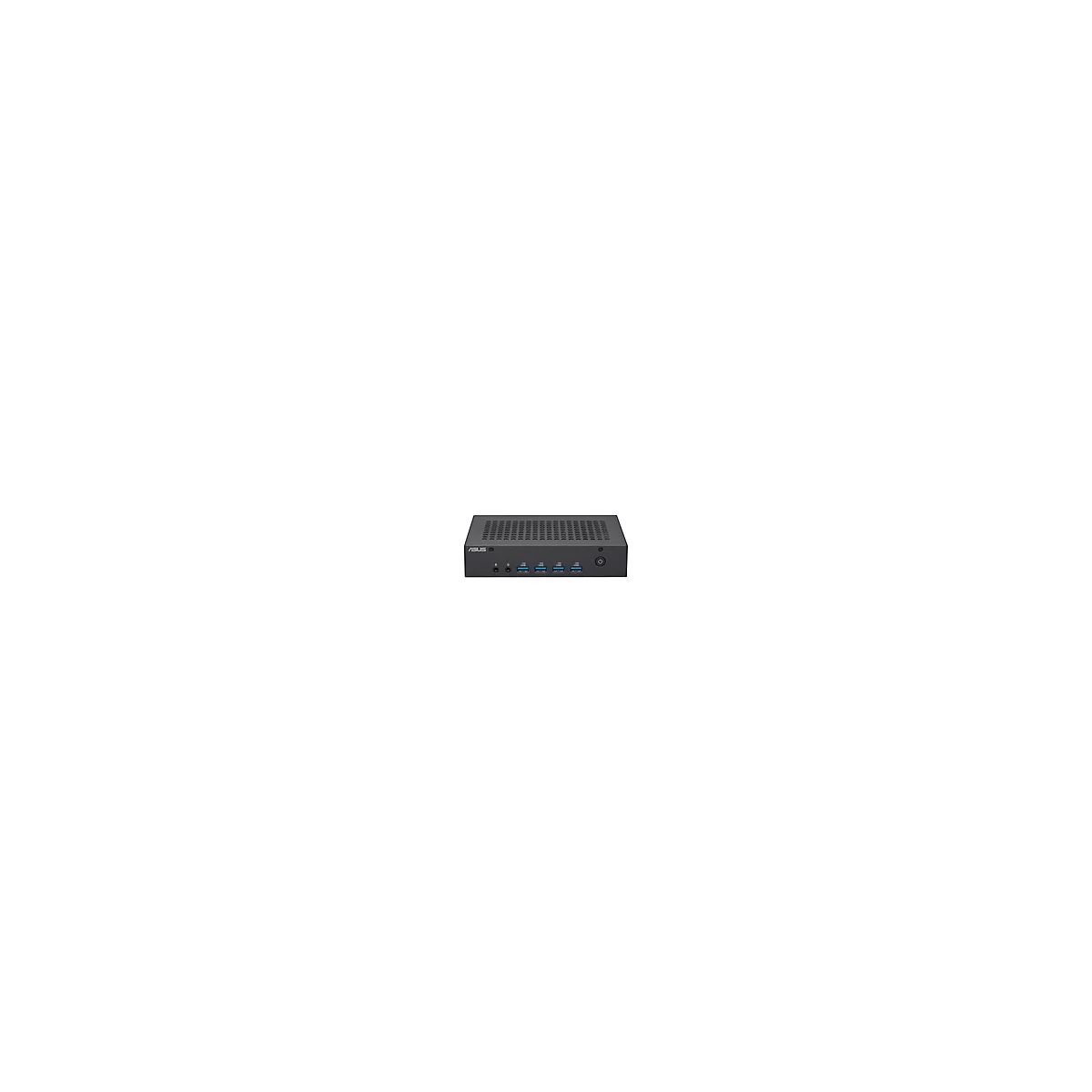 Schwarzer Mini-PC mit ASUS-Logo. Auf der Vorderseite: USB-Anschlüsse, Audio-Anschlüsse und Ein-/Aus-Taste.