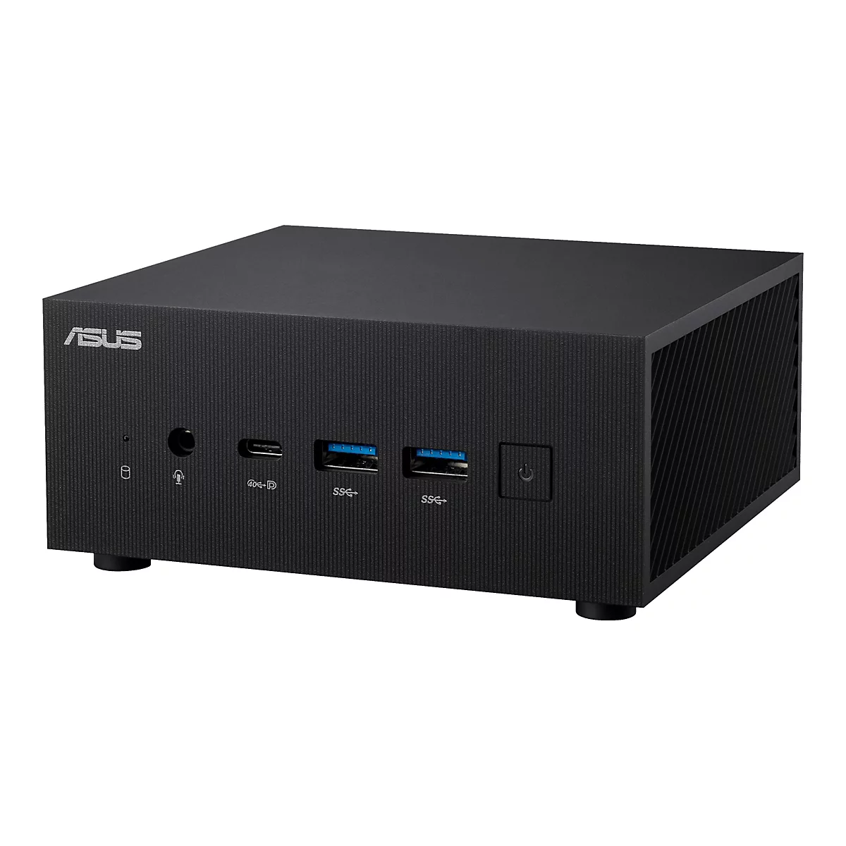 Schwarzer ASUS Mini-PC auf weiÃŸem Hintergrund. Auf der Vorderseite AnschlÃ¼sse und Power-Button.