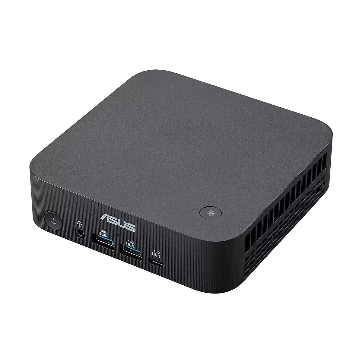 Kompakter schwarzer Asus Mini-PC mit Anschlüssen auf der Vorderseite vor neutralem Hintergrund.