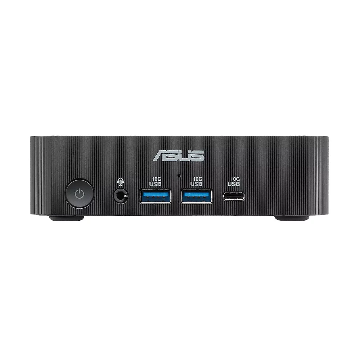 Vorderansicht eines schwarzen ASUS Mini-PCs mit Anschlüssen und Firmenlogo auf weißem Hintergrund.