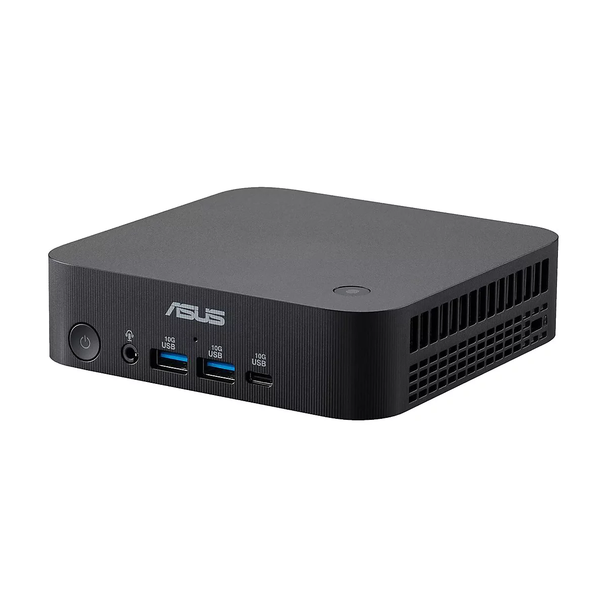 Schwarzer Asus Mini-PC vor weißem Hintergrund mit Frontanschlüssen und Asus-Logo.
