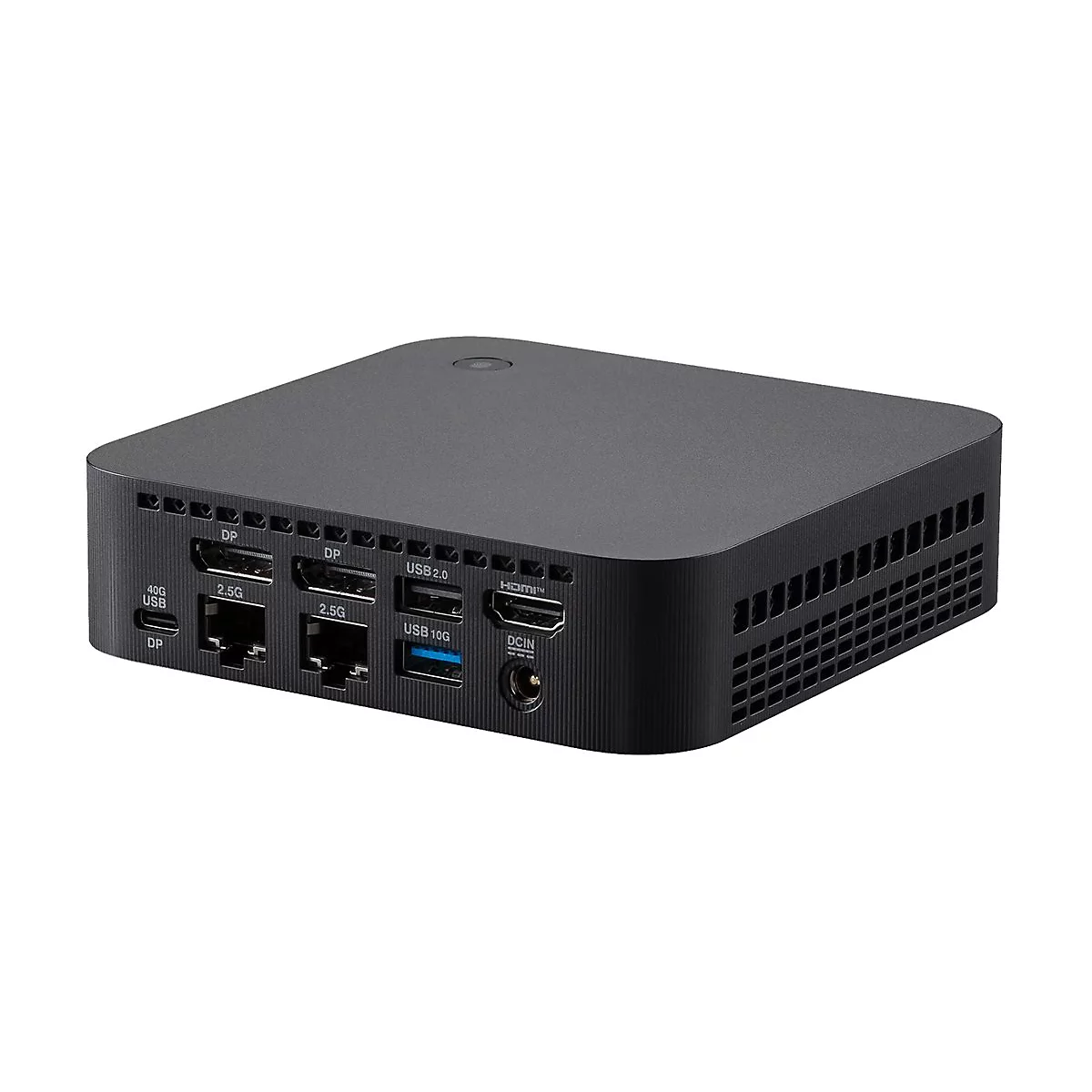 Schwarzer Mini-PC mit verschiedenen Anschlüssen wie USB, Ethernet und HDMI auf der Rückseite.