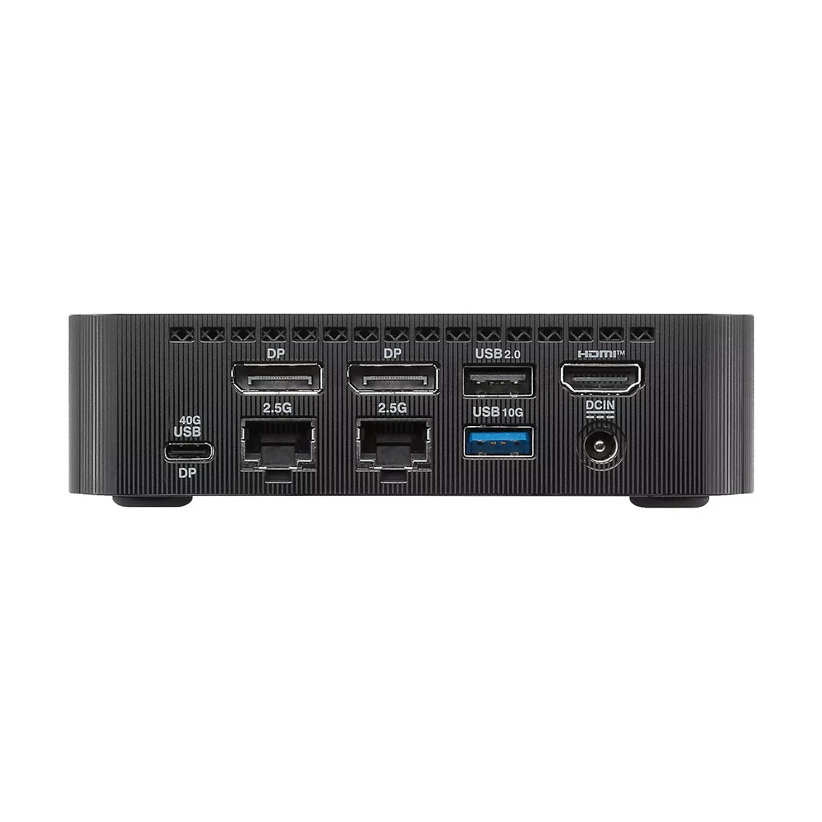 Rückseite einer schwarzen Dockingstation mit verschiedenen Anschlüssen wie USB-C, Ethernet, HDMI und DisplayPort.