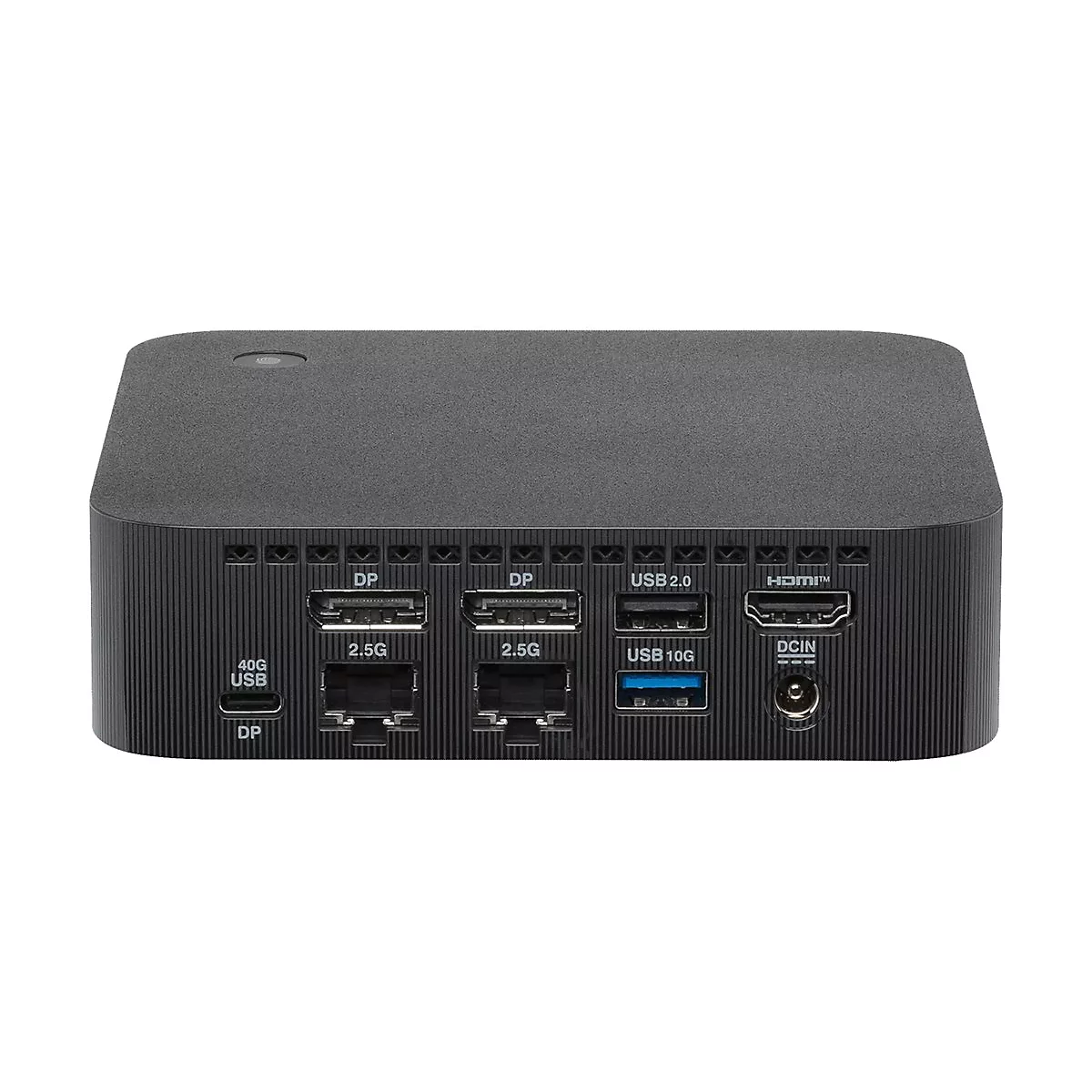 Rückseite einer schwarzen Dockingstation mit verschiedenen USB-, HDMI-, DisplayPort- und Netzwerkanschlüssen.