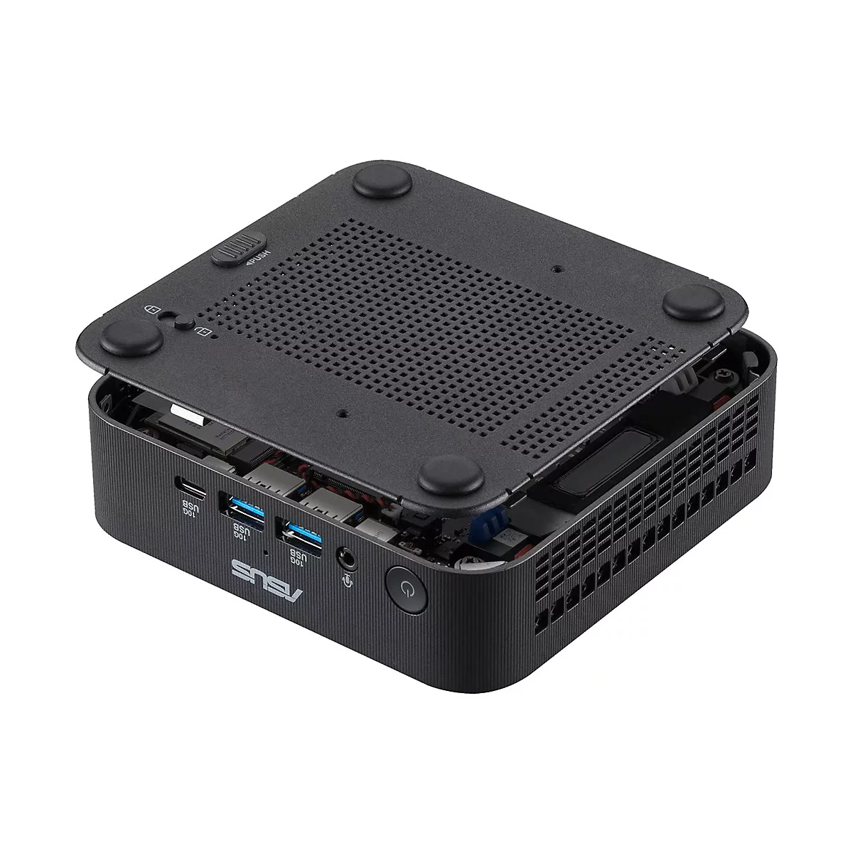 Schwarzer ASUS Mini-PC mit abgenommenem Gehäusedeckel auf weißem Hintergrund.