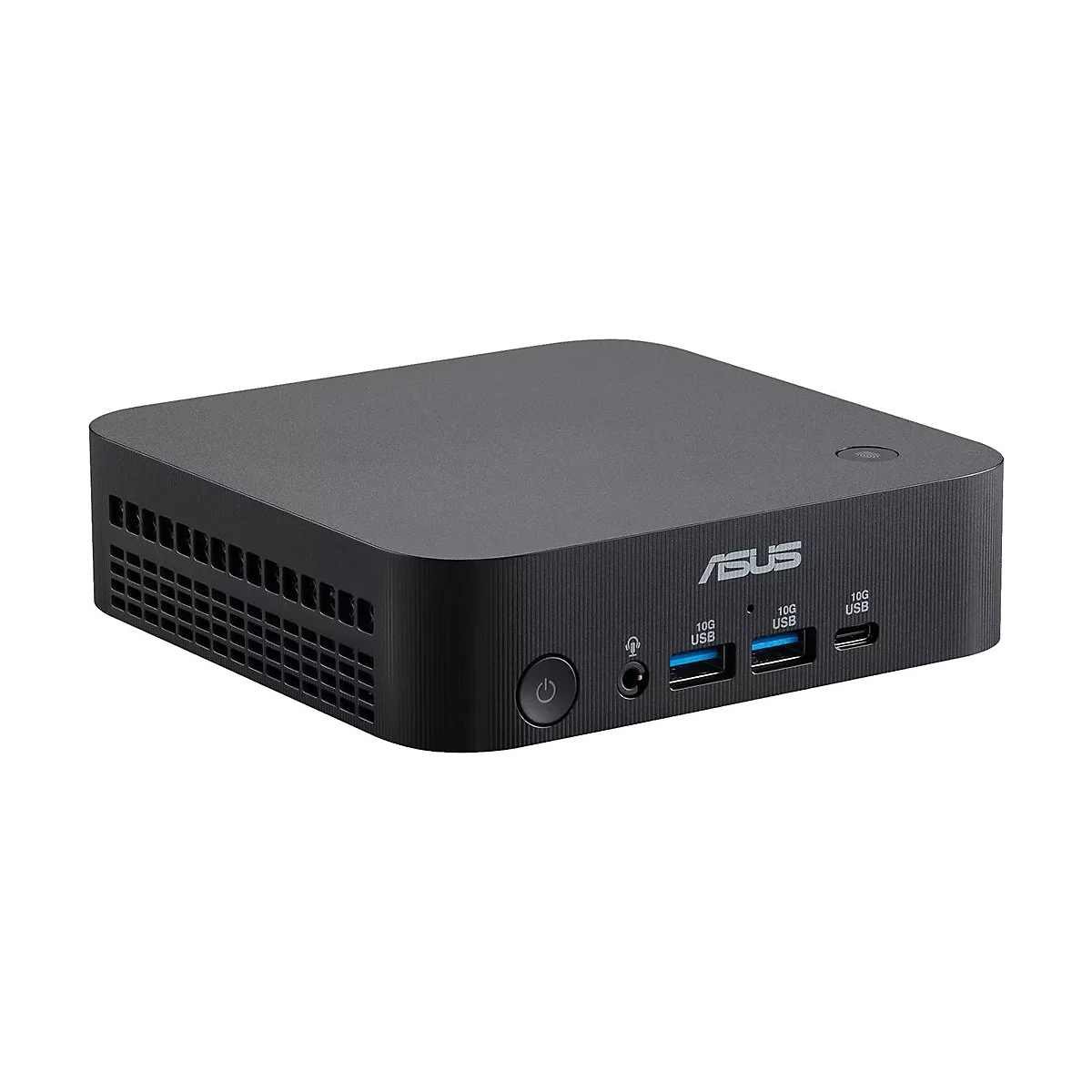 Schwarzer Asus Mini-PC mit Power-Button, USB-Anschlüssen und Kopfhörerbuchse auf der Vorderseite.