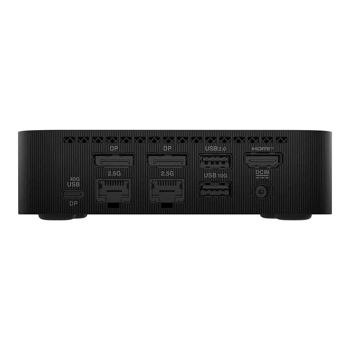Nahaufnahme eines schwarzen Mini-Computers mit Anschlüssen, darunter DP, USB 2.0, USB 10G, HDMI und DC IN.