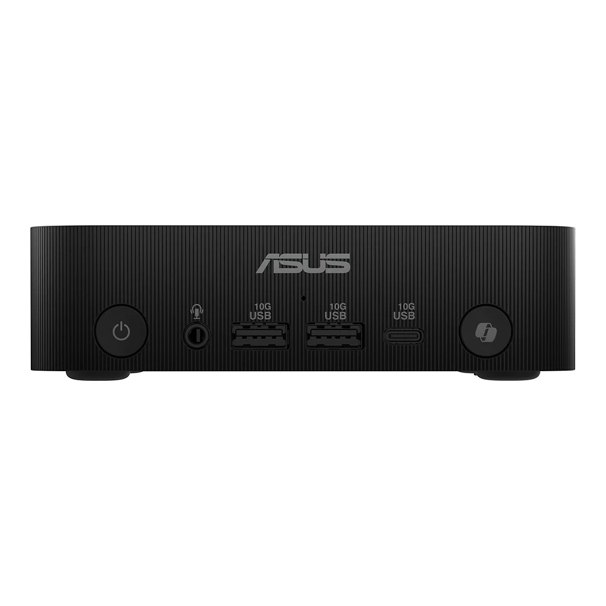 Schwarzer ASUS-Mini-PC mit Logo, Anschlüssen und Knöpfen vor weißem Hintergrund.