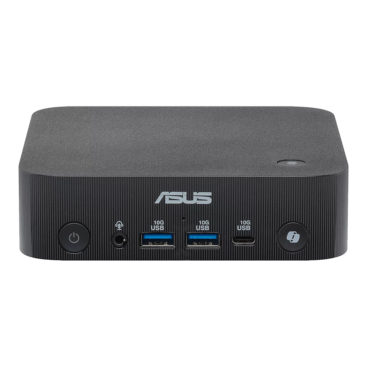 Schwarzes Asus Mini-PC-Gehäuse von vorne mit Anschlüssen, Power-Button und Branding.